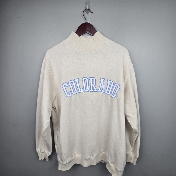 Aerie Colorado Mockneck Chunky Sweatshirt Side Pockets Cream Blue Womens M - Picture 1 of 12